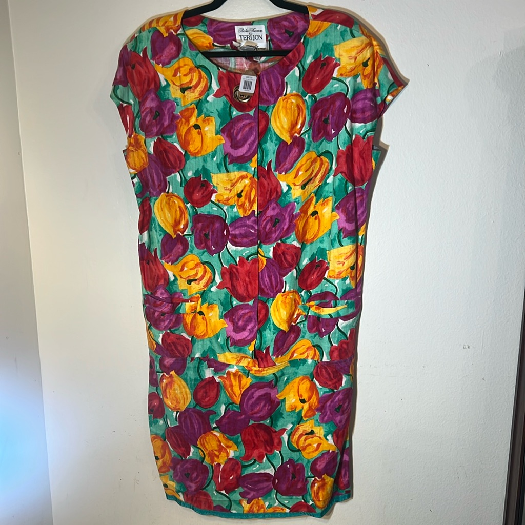 Teri Jon 80s Linen Bright Purple Pink Orange Teal Floral Midi Dress Size 14